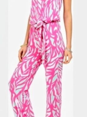 Lilly Pulitzer Pink & White Patterned Sleeveless Jumpsuit with Tie Waist